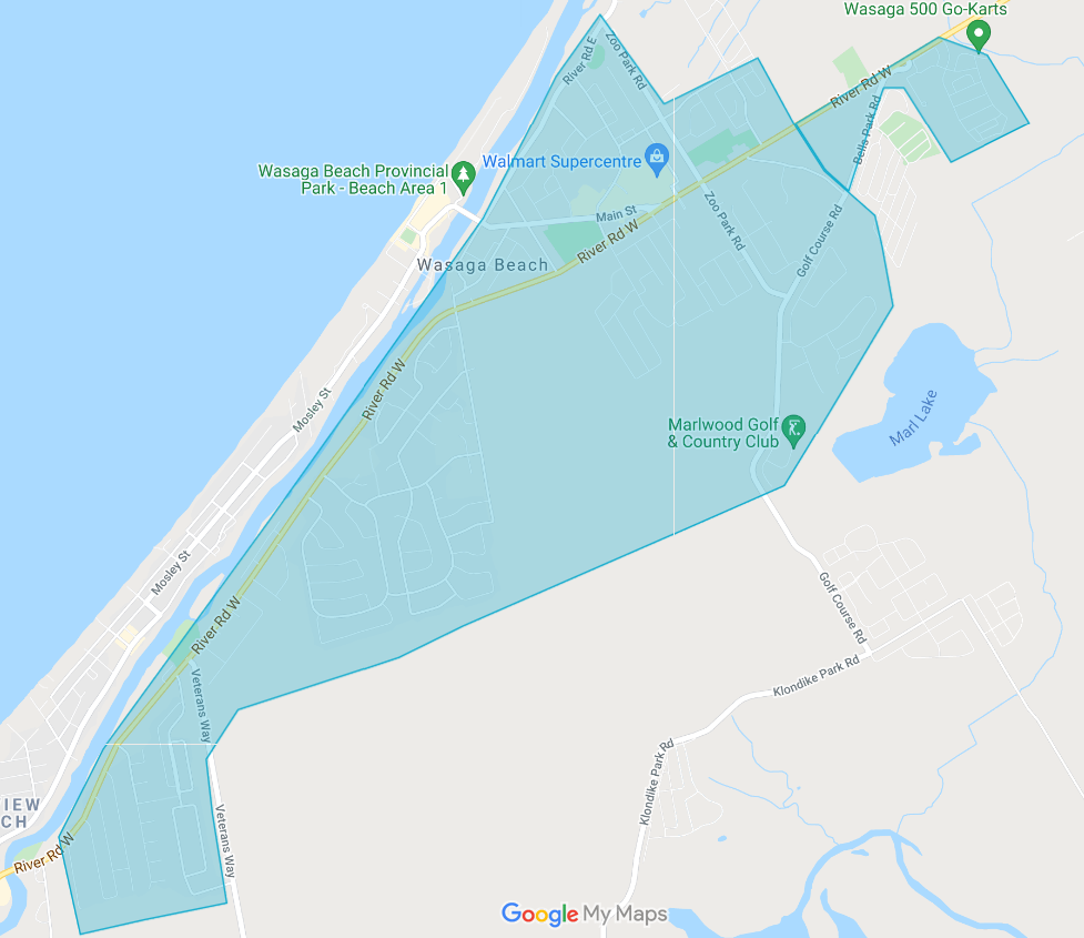 Our Wasaga Beach Snow Removal Service Area. From Vigo Rd to Veterans Way